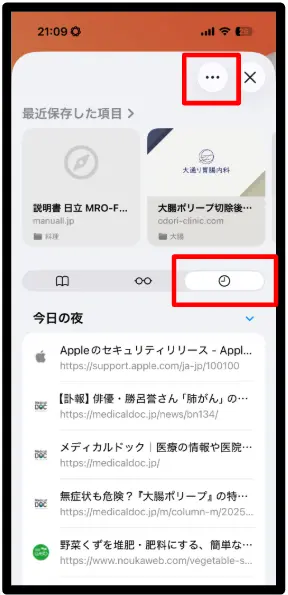 Safari履歴画面 iPhone Safari履歴一覧とメニュー