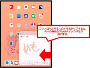 コントロールパネルのメモ帳をタップすると右下からクイックメモが出て来る。