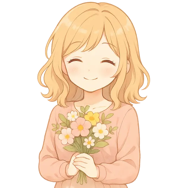 chatGPTで制作➡A cute anime-style girl holding a bouquet, pastel tone, transparent background