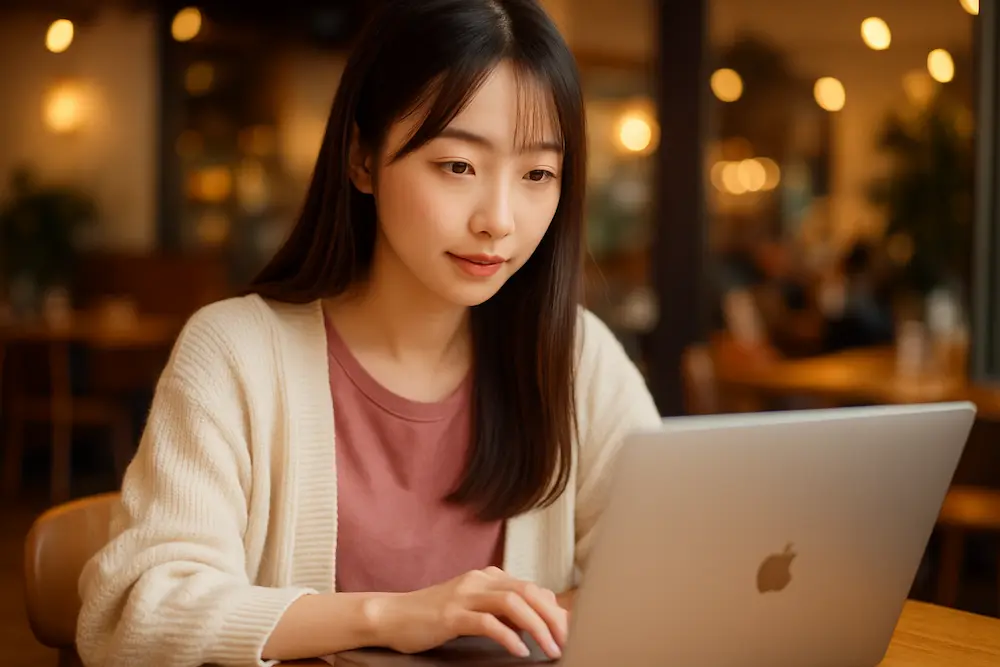 若い女性がカフェでノートPCを使っている実写風の画像