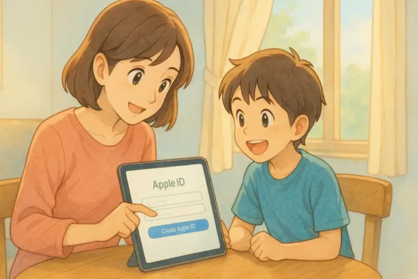 ・お母さんが新しいアカウントを入力している
・iPad画面に「Apple ID」の文字やロゴが小さく描かれている
・お子さんがわくわくした表情