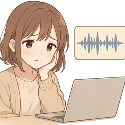 悩んでいる表情の女の子が音声波形を見ている