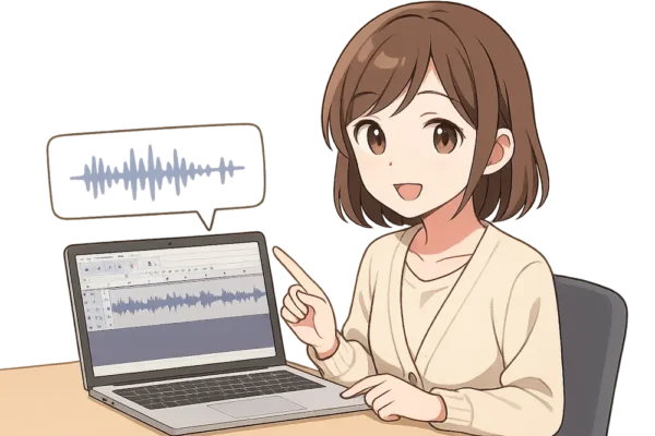 💻PC画面を指差しながら操作する女の子（やや解説風）