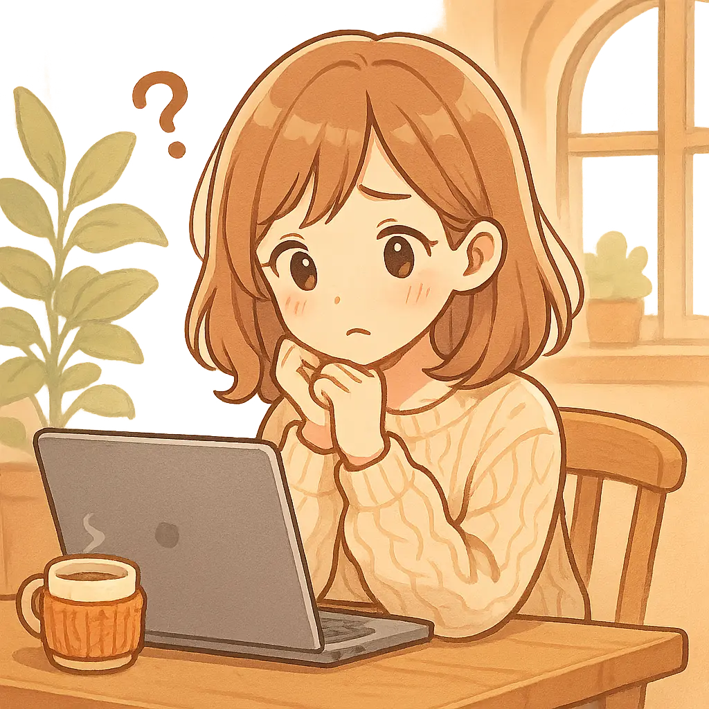 書き起こしを無料でするいい方法あるかな?と女の子がPCに向かって考えている。