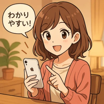 可愛い女の子がパソコン画面を指差して「これならできそう!」と前向きな表情