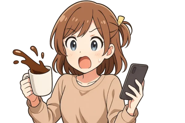 びっくりしてコーヒーをこぼしそうになっている