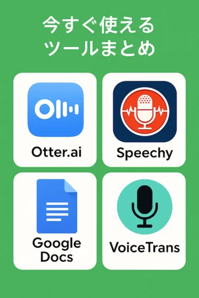 Otter.ai、Speechy、Google Docsなどをアイコン&名称で並べて紹介