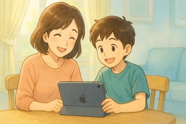 ・お母さんと子どもが笑顔でiPadを一緒に見ている
・背景に光が差し込み「安心して使える未来」を表現