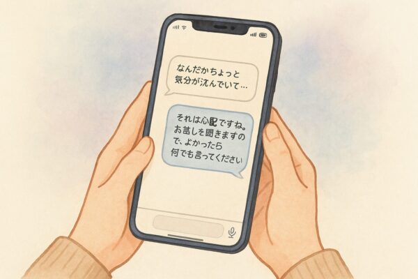 スマホの画面にAIとのやり取りが吹き出し風に表示されている手元 まるで友だちとLINEしてる感じ