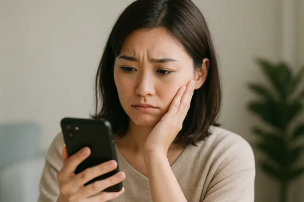 スマホを見つめて悩む表情の女性