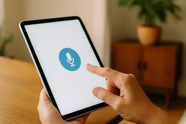 音声入力アイコンをタップする手元(iPadまたはスマホ)+落ち着いた部屋の中