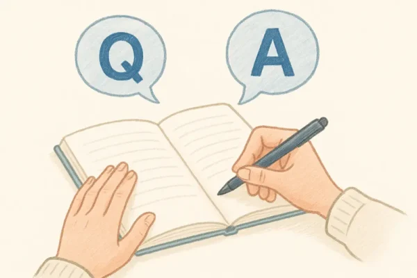 ノートを開いて何かをメモしている様子+吹き出し風の「Q」「A」が浮かぶイラスト