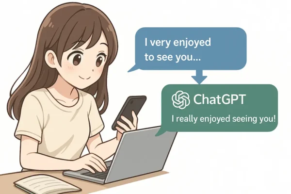 ChatGPTに英文を入力している女の子、わくわくしたような前向きな雰囲気