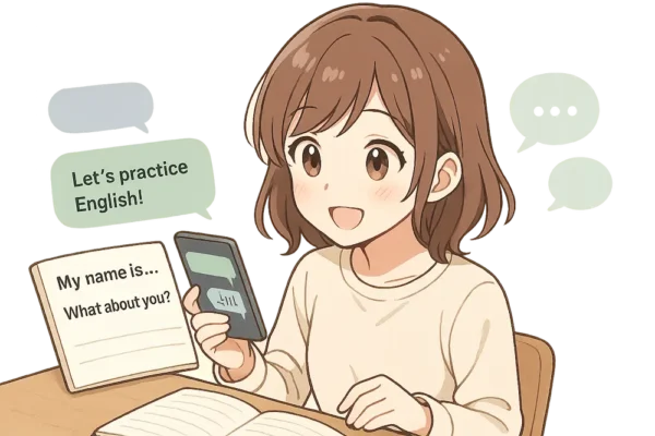 カフェでくつろぎながら、ChatGPTと英会話ロールプレイを楽しんでいる女の子