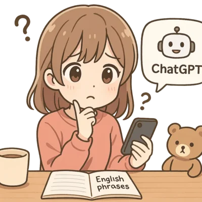 英語で返せなくてちょっと困ってる女の子+ChatGPTがやさしくサポートしてくれる構図
