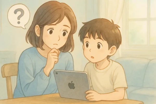 ・お母さんがiPadを手にして考えている ・小さな吹き出しに「?」マーク ・子どもが横で「どうするの?」と聞いている