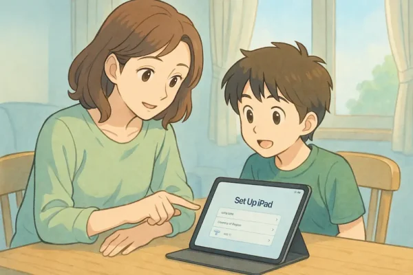 ・iPadの設定画面を親子で一緒に見ている ・お母さんが操作して、子どもが「わあ」と見ている ・机にマニュアルやメモが置かれている ・「準備する」という印象