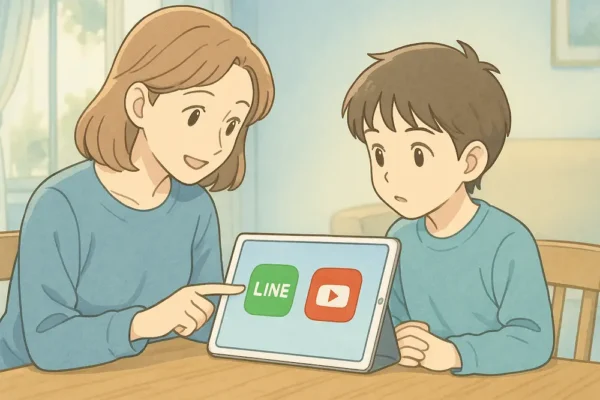 ・iPad画面にLINEやYouTubeのアイコン
・お母さんが「気をつけようね」と教えている
・子どもが真剣に聞いている