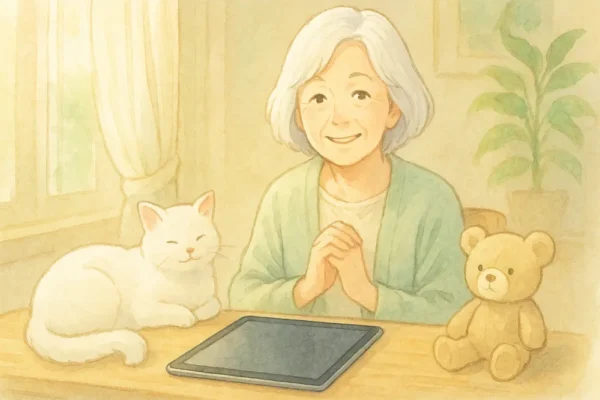 シーン:iPadの隣に猫がそっと寄り添っていたり、ふわっとぬいぐるみが置かれている
