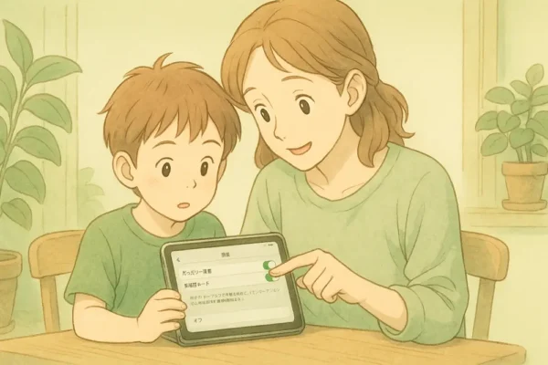 お母さんと子どもが、iPadの低電力モードをオンにしている