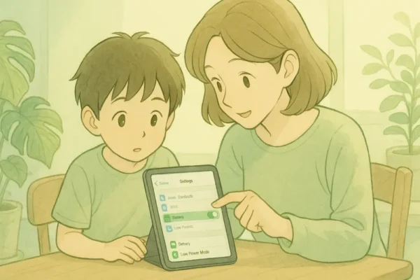 お母さんが息子にiPadに低電力モードがあるか操作して教えている