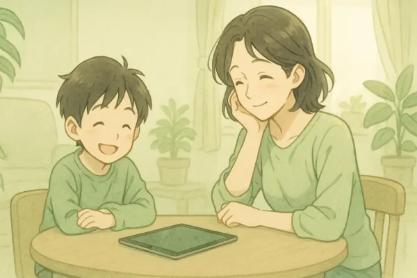 親子でiPadをテーブルの上に置いて休ませている。