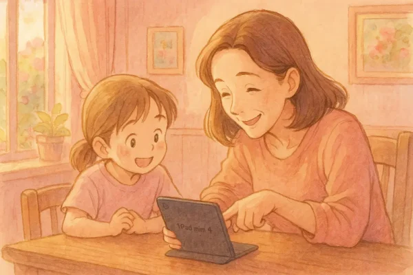 ピンクベースの優しい部屋で、親子がiPad mini 4をテーブルに置いて見ている