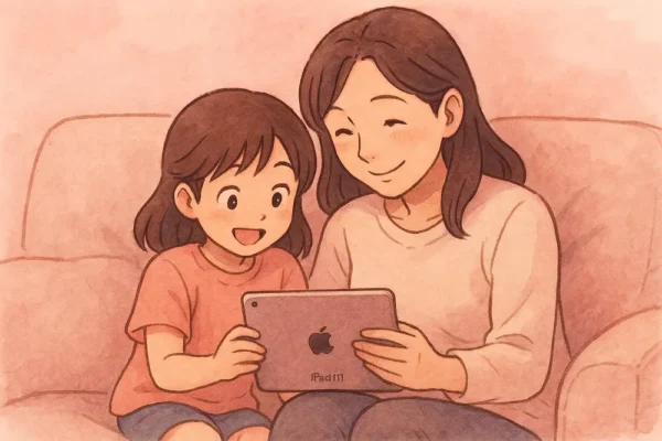 ソファに座って親子が笑いながらiPad mini 4で遊んでいる
