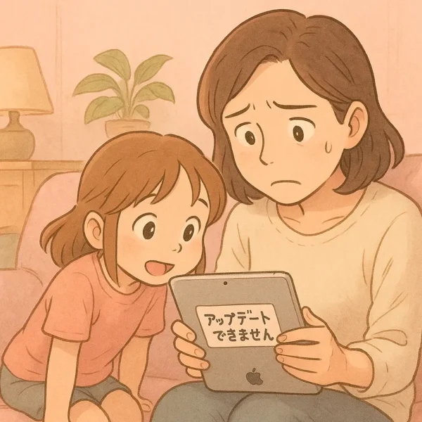 iPadに「アプデできません」表示、親が困った顔、子は横でのぞき込む