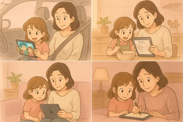 子どもが車内やキッチンでiPad mini 4を活用している4コマ風
