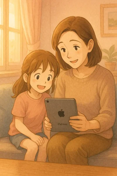 親子がiPad mini 4の家族写真を見ながらほほえんでいる