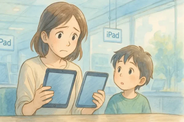 家電量販店で新旧iPadを見比べて悩む若いお母さん