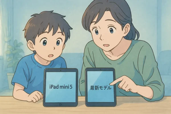 机に旧iPad miniと最新モデルが並んでいて、親子が比較中の様子