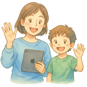 iPadmini5を持って手を振っている