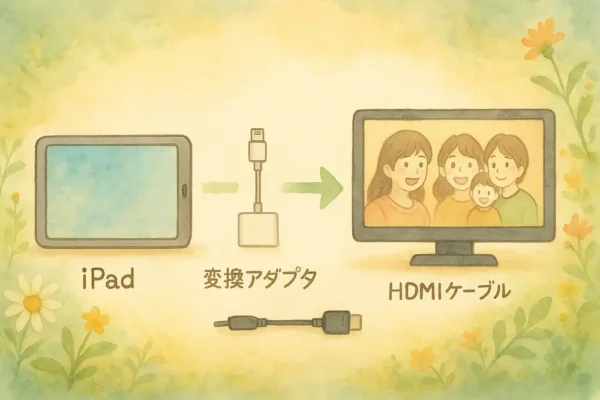 「iPad」+「変換アダプタ」+「HDMIケーブル」の並びの可愛い図解