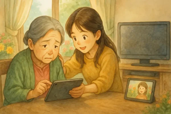 おばあちゃんが困り顔→孫がタブレットでやさしく教えている風景