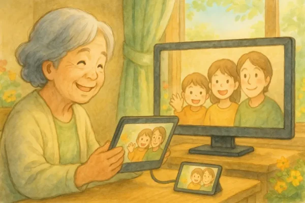 田舎に住んでいるおばあちゃんは上手にiPadをTVに接続できるようになって笑顔。