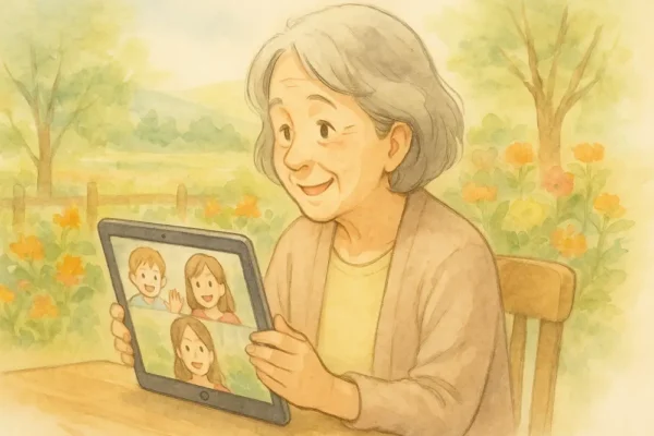 iPadを見ながら笑顔でZoomしている女性(アニメ調)背景に明るい庭や畑の花
