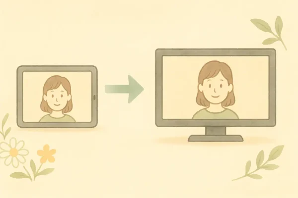 「iPad→テレビ」へ繋がっていくイメージの線画イラスト矢印とやさしい線