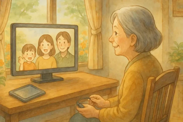 テレビに笑顔の家族が映り、それを見て喜ぶ女性iPadは小さくテーブルの脇に置かれている
