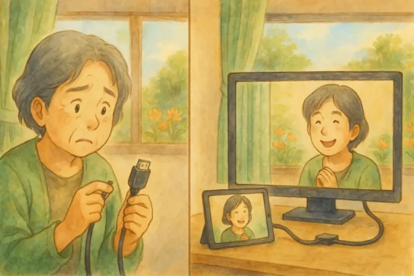 HDMIケーブルを手に取って不安そう→つないで笑顔!という2コマ風イラスト