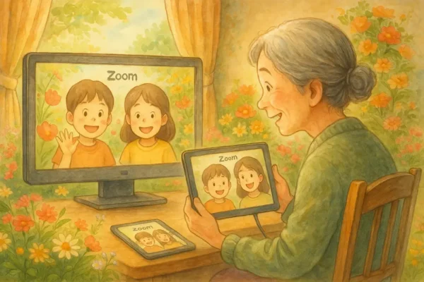 Zoom画面ににこやかな孫たちが映っていて、iPad画面もテレビも同じ内容を表示