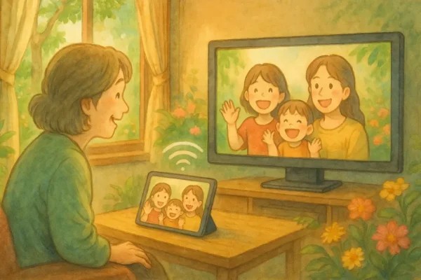 iPad画面からふわっと電波が出てテレビに届くやさしい線画