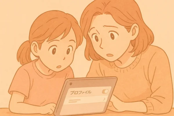 親子でiPadの設定画面をのぞきこむ様子