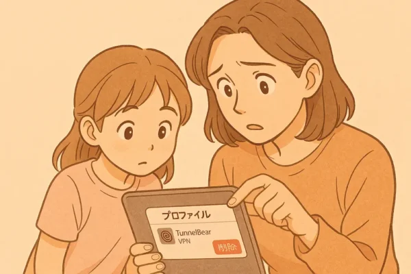 お母さんがiPadを持ち、削除ボタンに指を伸ばそうとして少し迷っている