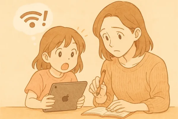 Wi-Fiが切れて子どもが驚いている/お母さんがメモしている