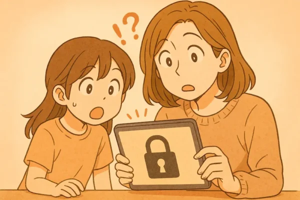 鍵アイコン付きのiPadを前に、親子が「えっ?」と驚いている様子