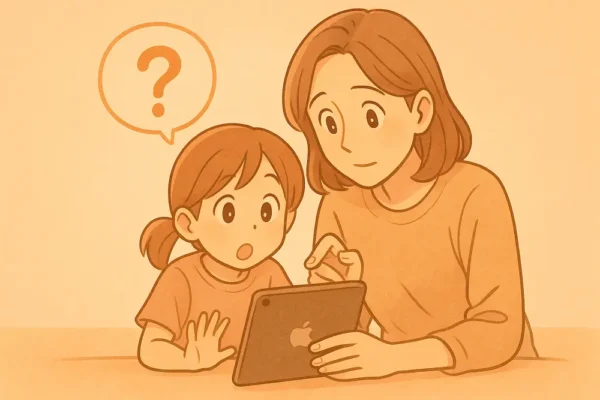 親子がリラックスした様子でiPadを囲んで座って疑問を解決しようとしている
