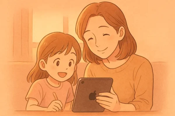 iPadを手にほほえむ親子、夕暮れのやさしい光