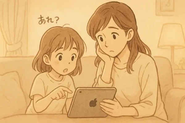 娘さんが「音が出ない」と不思議そうな顔でiPadを指さし、お母さんが首をかしげて一緒に画面を見ている